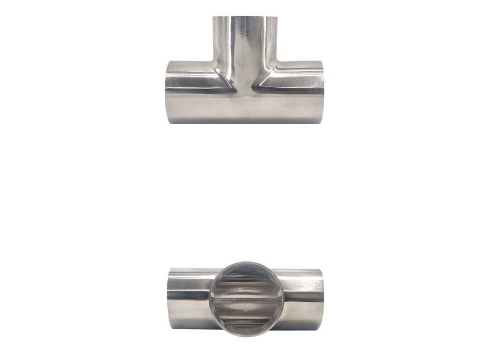 Sanitary equal tee shown in side view and in end view looking through the polished bore