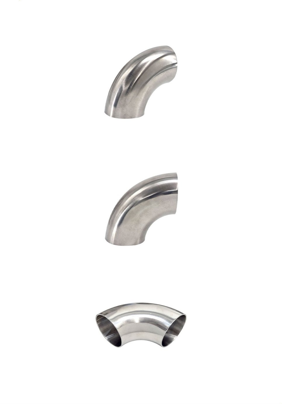 Three views of stainless steel sanitary 90 degree short elbows, including the polished bore