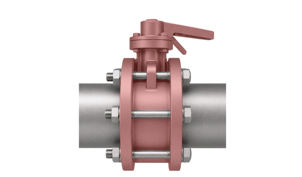 Wafer type butterfly valve installed between two pipe flanges and secured with through-bolts