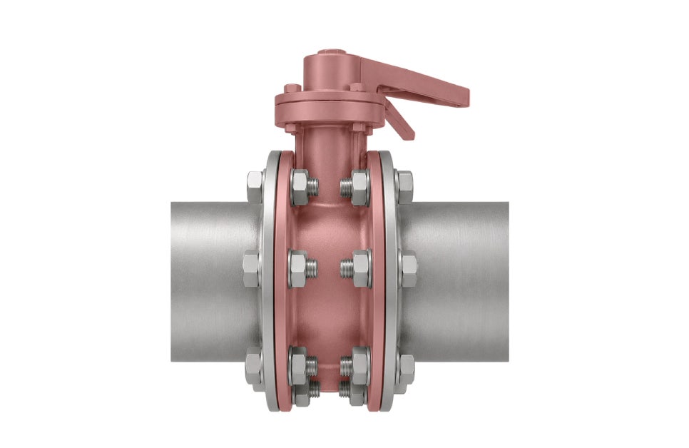 Flanged type butterfly valve with integral flanges bolted face to face with the pipe flanges